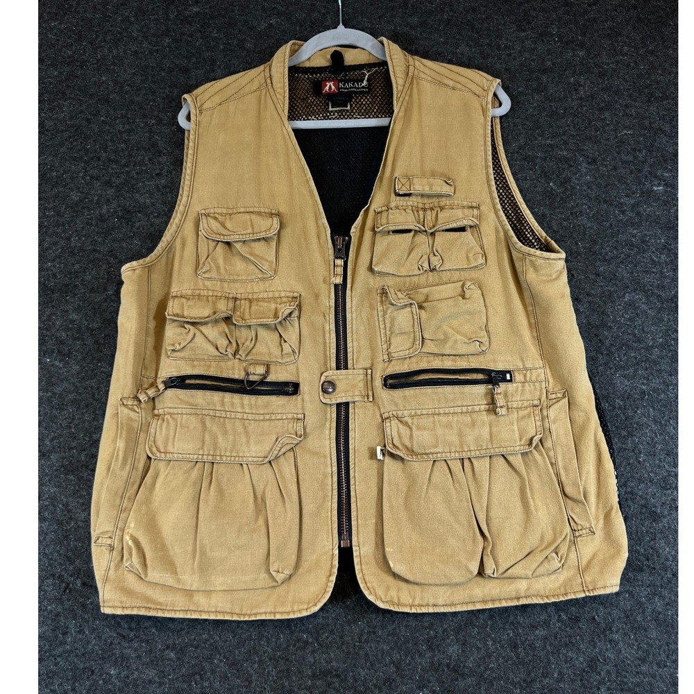Kakadu Traders Australia Mens Tan Cotton Canvas Mesh Back Multi Pocket Vest L